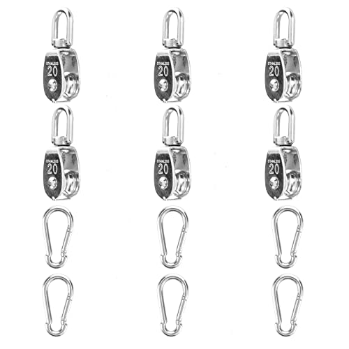 Pack 6 Unidades Bloques de Poleas Montadas M20 de Acero Inoxidable 304, Polea Monobloque Rotatoria con 6 Mosquetones