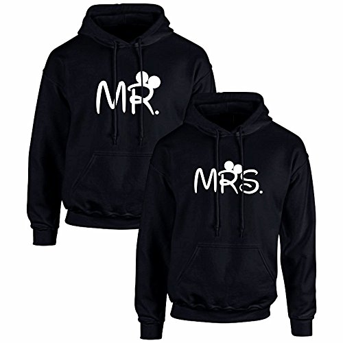 Pack de 2 Sudaderas Negras para Parejas, MR. y Mrs, Blanco (Mujer Tamaño S + Hombre Tamaño M)