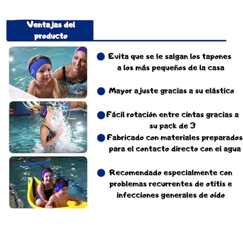 Pack de 3 Bandas de Natación Protectoras de Oídos frente al Agua en Piscinas - Tamaño Universal - Cinta de Oídos cubre orejas para el agua - Protector diadema para Niños y Adultos - Tapones