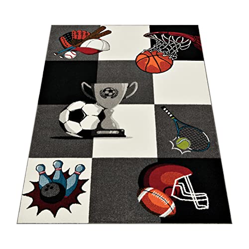 Paco Home Alfombra Infantil De Baloncesto Fútbol Y Tenis A Cuadros En Gris Y Crema, tamaño:120x170 cm