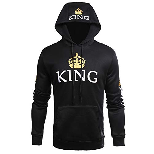 Pareja Impresión Corona King & Queen Sudaderas con Capucha Manga Larga Jersey Camisa de Entrenamiento Hombre Mujer Pullover (Negro, King M+Queen S)