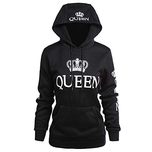 Pareja Impresión Corona King & Queen Sudaderas con Capucha Manga Larga Jersey Camisa de Entrenamiento Hombre Mujer Pullover (Negro, King M+Queen S)