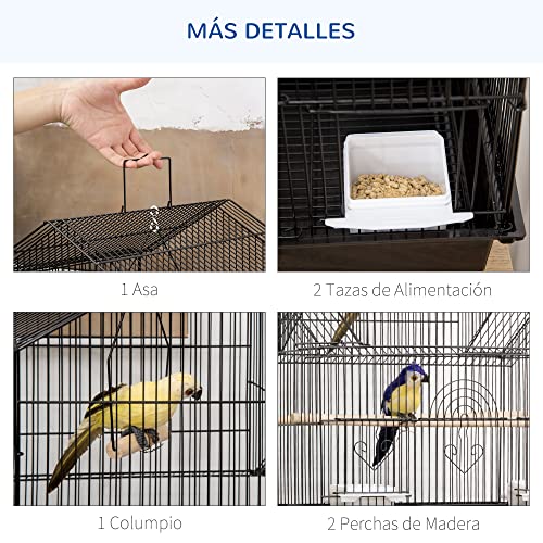 PawHut Jaula para Pájaros 50,5x41x63 cm Pajarera Metálica con 5 Puertas 2 Comederos 2 Perchas Columpio Bandeja Extraíble y Asa de Transporte para Canarios Periquitos Negro