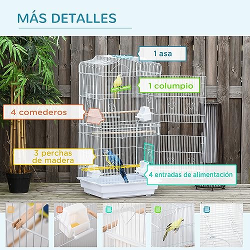 PawHut Jaula para Pájaros Pajarera de Metal con Puertas 4 Comederos 3 Perchas Columpio Bandeja Extraíble y Asa de Transporte para Loro Canario Periquito 46,5x35,5x92 cm Blanco