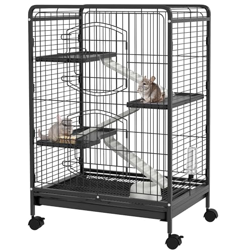 PawHut Jaula para Roedores con Ruedas 61,5x44,5x95 cm Jaula para Animales Pequeños con 2 Puertas 3 Plataformas Bandeja Extraíble Comedero y Bebedero para Conejos Cobayas Negro