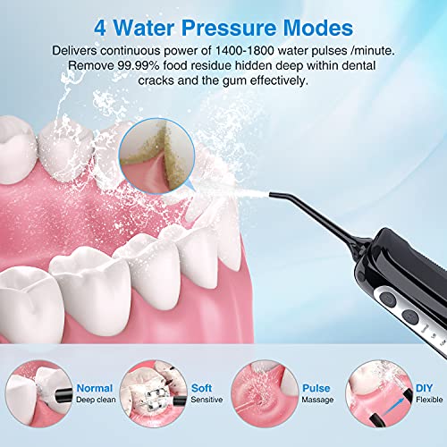 PECHAM Irrigadores Bucales, Irrigador Dental Inalámbrico Portátil con 4 Boquillas 4 Modos 300 ML, IPX7 Impermeable, Recargable para Limpieza Dental, Irrigador Bucal Electrico