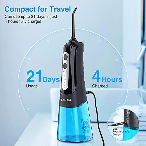 PECHAM Irrigadores Bucales, Irrigador Dental Inalámbrico Portátil con 4 Boquillas 4 Modos 300 ML, IPX7 Impermeable, Recargable para Limpieza Dental, Irrigador Bucal Electrico