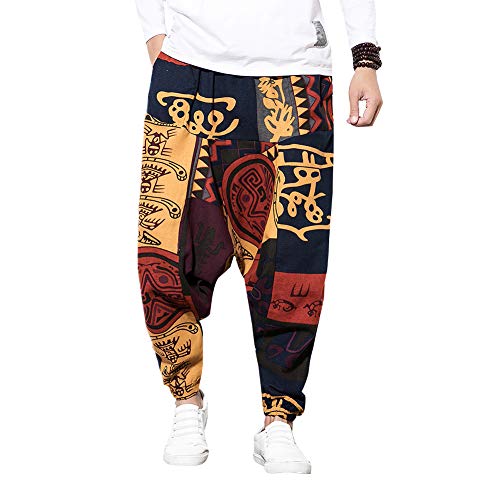 Pejihota Mens Loose Hip-Hop Harem Pantalones Lino Bohemio Aladdin Yoga Pantalones Bloomers Drop Entrepierna Pantalones Estampado Retro con Bolsillos (as4, Waist, m, Regular, Regular, Rojo, M)