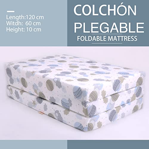 PEKITAS Colchón Cuna De Viaje Plegable 60x120 cm Altura 6 cm Incluye Bolsa Transporte Bebé Funda Desmontable Lavable Transpirable Estampado Globo Verdes