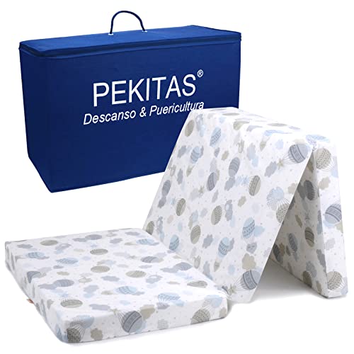 PEKITAS Colchón Cuna De Viaje Plegable 60x120 cm Altura 6 cm Incluye Bolsa Transporte Bebé Funda Desmontable Lavable Transpirable Estampado Globo Verdes