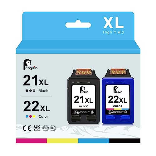 Penguin 21XL 22XL Cartucho de Tinta Remanufacturado para HP 21 XL 22 XL Deskjet F380 F370 3930 D2360 D2460 F2180 F2224 F2280 F4180 PSC 1401 1406 1410 OfficeJet 4315 5610 Fax 1250 3180 Negro y Color