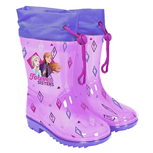 PERLETTI Botas de Aguas Niñas Frozen 2 Princesas Elsa y Anna - Calzado de Lluvia Reino del Hielo Violeta con Suela Antideslizante - Botas Impermeables Niña Cierre con Cordón Disney (Morado, 28)