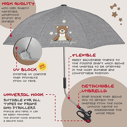 PERLETTI Sombrilla Carro Bebe Universal Anti UV con Osito - Mini Paraguas Cochecito Niño Niña Protección Solar Apertura Manual - Sombrilla Lluvia para Carrito Silla de Paseo - Diámetro 68 cm (Osito)