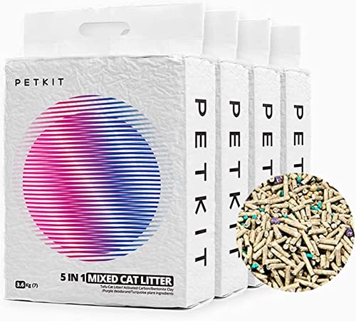 PETKIT Arena Mixta para Gatos 5 en 1, Enjuagable, Sin Olores, con Carbón Activado, Ultra Absorbente y de Secado Rápido(Cuatro Bolsas)