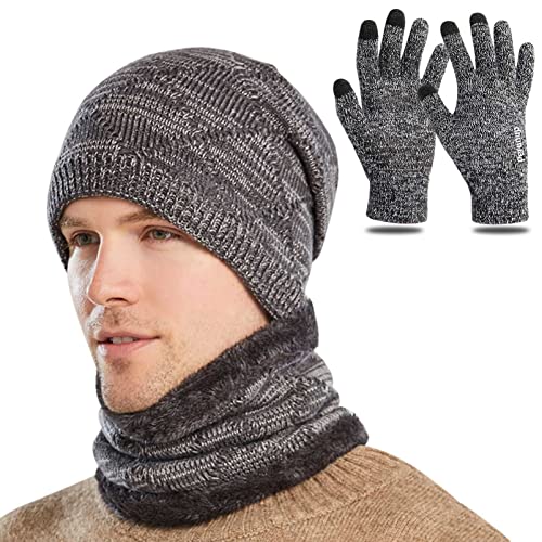 Petrunup Juego Gorro Bufanda y Guantes Hombre de Punto Térmico Cálido, Guantes Gorro y Braga Invierno con Forro Polar para Esquiar Pescar Deportes al Aire Libre, Gris