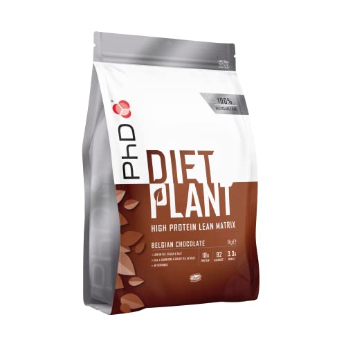 PhD Nutrition Diet Plant, High Protein Lean Matrix, proteína vegana, sabor a chocolate belga, 18 gr de proteína, 40 porciones, bolsa de 1 kg