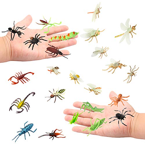 Pinowu Insecto Figuras de juguetepara niños (24 Piezas), 3-8 cm Realistas Figuras Incluyen Arañas Falsas, Cucarachas, Escorpiones, Grillos, Lady Bugs, Mantis y Gusanos para educacion favores Fiesta