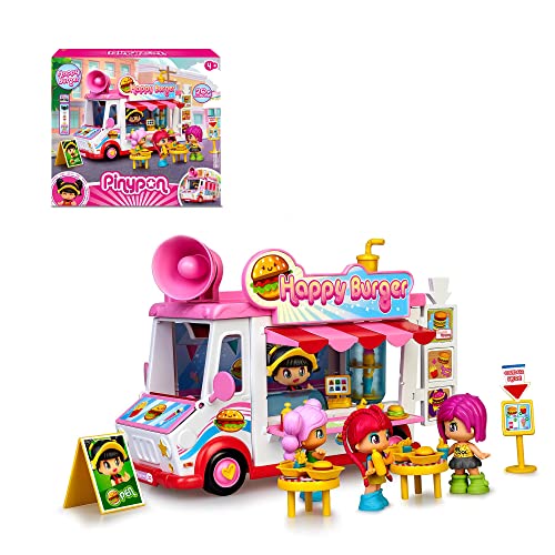 Pinypon - Happy Burger, playset Restaurante Food Truck Hamburguesas, Juguete con Posibilidades de Juego, 1 muñeco, Accesorios, y Compartimento para guardarlos, Desde 4 años, Famosa (700017210)