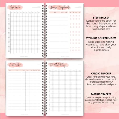 Planificador de fitness y entrenamiento de 3 meses para mujer, diario de gimnasio, rastreador de pérdida de peso, planificador de comidas, rastreador de hábitos de cuidado personal, A5 acuarela rosa