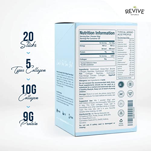 Polvo de Proteína de Colágeno Múltiple - Tipos I, II, III, V y X - Bovino Alimentado con Pasto Hidrolizado, Pescado Capturado en la Naturaleza y Colágeno de Pollo (10g cada uno, 20 paquetes)
