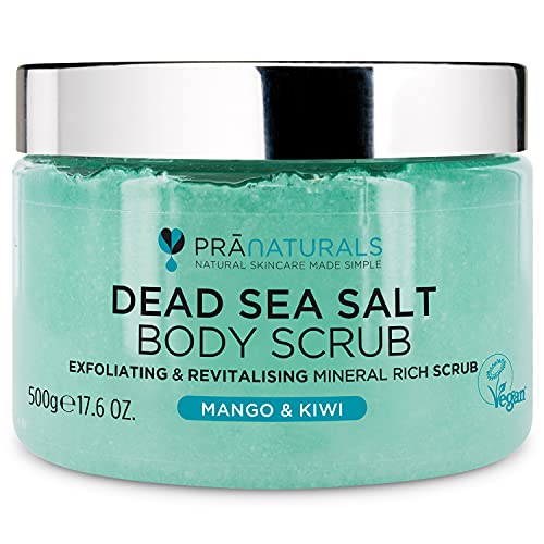 PraNaturals Exfoliante Corporal de Sal del Mar Muerto Enriquecido con Aroma de Mango y Kiwi 500g Body Scrub de Sales para Nutrir la Piel, Rico en Minerales Naturales para Todo Tipo de Piel
