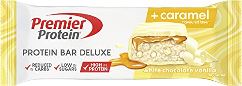 Premier Protein Bar Deluxe White Chocolate Vanilla 12x50g - Alto contenido en proteínas Bajo contenido en azúcares + Reducido en hidratos de carbono + Sin aceite de palma