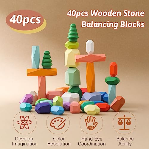 Promise Babe Juguetes apilables de Madera, Piedras de Equilibrio, Bloques de construcción de Madera Waldorf, Piedra de apilamiento de Madera arcoíris, Juguetes de Madera Montessori (48PCS Set) 3+