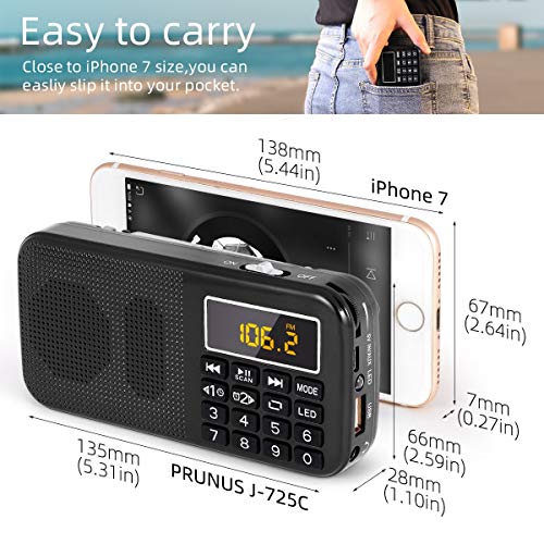 PRUNUS J-725 FM Radio Portatil Pequeña, Reloj Digital Despertador, Bateria Recargable de 3000mAh, Reproductor de AUX/USB/SD con Altavoz de 3W, y Linterna LED(Negra)