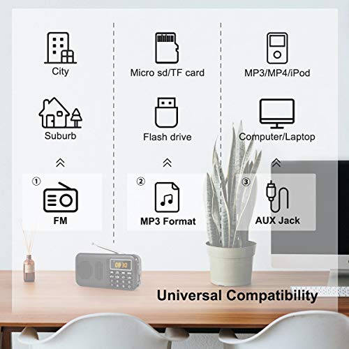PRUNUS J-725 FM Radio Portatil Pequeña, Reloj Digital Despertador, Bateria Recargable de 3000mAh, Reproductor de AUX/USB/SD con Altavoz de 3W, y Linterna LED(Negra)