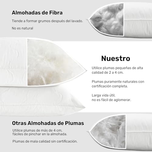 puredown® Almohadas de Plumas y Plumón de Ganso con Funda de 100% Algodón Lavable a Máquina Paquete de 2, 40x80cm