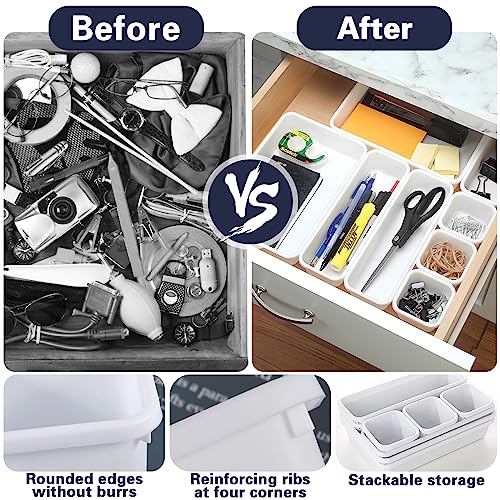 Purpledi Organizador de Cajones para Baño, 24 pcs Separadores de Plastico para Cocina, Organizador de Bandejas, Cajas Apilables para Almacenamiento (Blanco)