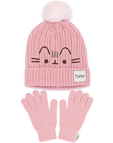 Pusheen Gorro guantes Mujeres gato rosa de punto de invierno