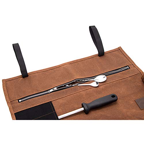 QEES Bolsa para Cuchillos de Chef, Lona Encerada de 16 onzas, Bolsa Impermeable con Cierre, 15 Ranuras para Utensilios de Cocina, Bolsa de Almacenamiento, Regalo para papá y Marido, Caqui, 74*47cm
