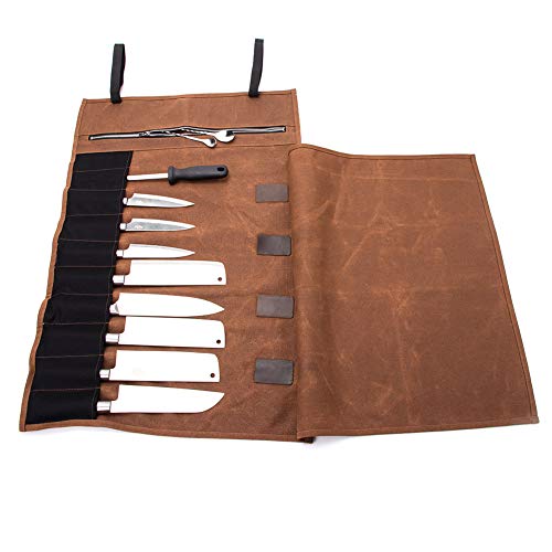 QEES Bolsa para Cuchillos de Chef, Lona Encerada de 16 onzas, Bolsa Impermeable con Cierre, 15 Ranuras para Utensilios de Cocina, Bolsa de Almacenamiento, Regalo para papá y Marido, Caqui, 74*47cm