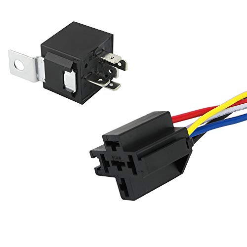 QitinDasen 5 Piezas 5 Pines Coche Relé, 12V 40A SPDT Relé Automotriz con Toma de Arnés y 14/16 AWG Precableado, para Auto Camión Barco (Negro)