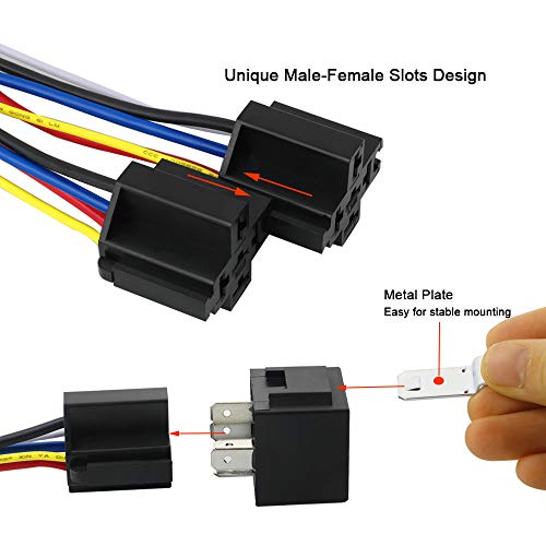 QitinDasen 5 Piezas 5 Pines Coche Relé, 12V 40A SPDT Relé Automotriz con Toma de Arnés y 14/16 AWG Precableado, para Auto Camión Barco (Negro)