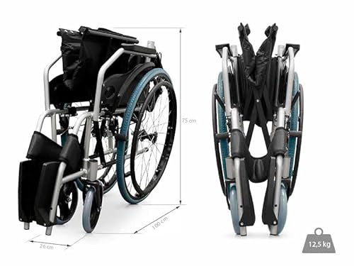 QUIRUMED Silla de ruedas manual de aluminio, Plegable, Ligera, Ancho asiento 46 cm, Frenos de maneta, Acolchada, Para minusválidos, Para personas mayores, Hasta 110 kg
