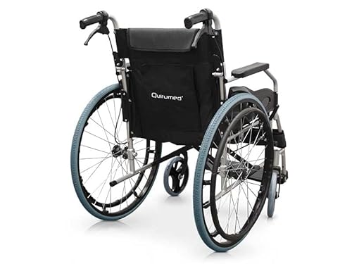 QUIRUMED Silla de ruedas manual de aluminio, Plegable, Ligera, Ancho asiento 46 cm, Frenos de maneta, Acolchada, Para minusválidos, Para personas mayores, Hasta 110 kg