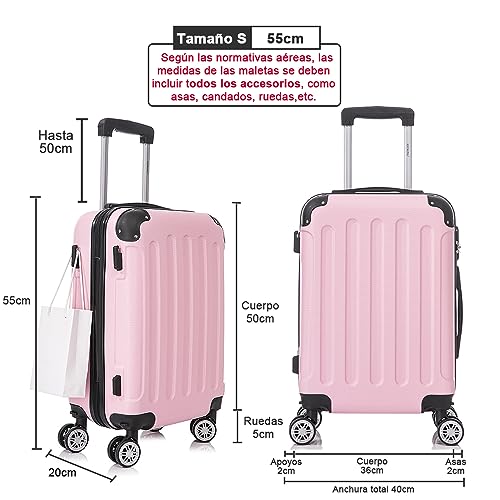 RAYKONG Maleta Cabina ABS 55x40x20cm (40L) - Trolley pequeña Equipaje de Mano - 4 Ruedas Dobles Giratorias 360ª - RosaClaro