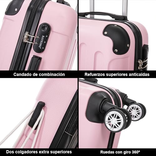 RAYKONG Maleta Cabina ABS 55x40x20cm (40L) - Trolley pequeña Equipaje de Mano - 4 Ruedas Dobles Giratorias 360ª - RosaClaro