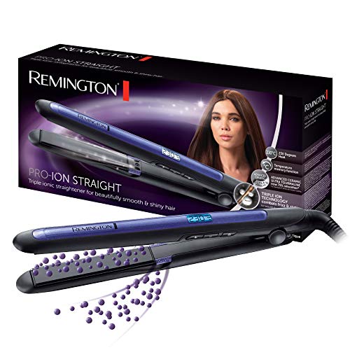 Remington Plancha de Pelo Pro Ion,Tecnología Iónica Triple Antiencrespamiento,Placas Flotantes Extralargas Cerámica Avanzada,9 Temperaturas hasta 230°C Función Turbo y Memoria, Negro S7710