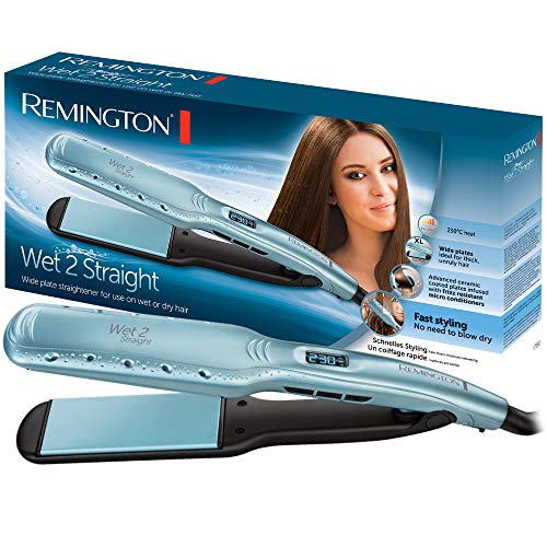 Remington Plancha de Pelo Wet 2 Straight, Cabello Seco y Húmedo, Placas Flotantes Anchas, Cerámica Avanzada Antiencrespamiento, 10 Temperaturas hasta 230°C, Digital, S7350