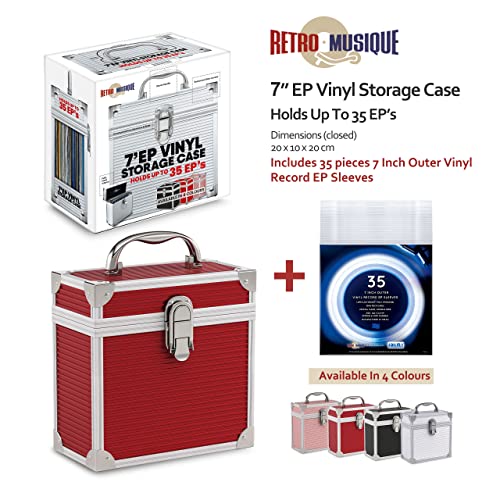 Retro Musique La Caja de Almacenamiento EP de Vinilo de 7 "de Aluminio Puede acomodar hasta 35 EP (Fundas de PVC), Incluidas 35 Chaquetas de Vinilo(Rojo)