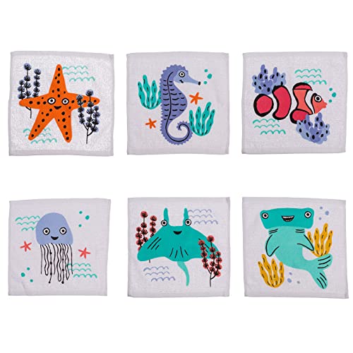 ReWu Toalla mágica de algodón, diseño de animales marinos, juego de 6 unidades, 30x30 cm, regalo de cumpleaños infantil, regalo de viaje, 100% algodón