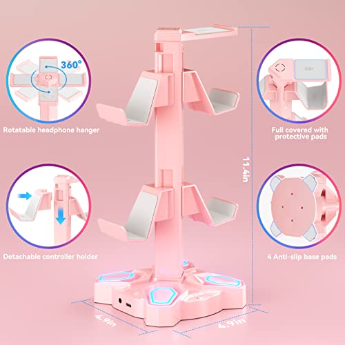 RGB Soporte Auriculares Gaming, Soporte para Cascos Gaming Giratorio con 9 Modos de Luz, Soporte Mando con 2 Puertos USB, Puerto Tipo-C y 3,5mm Conector de Audio, Headphone Stand para Gamers (Rosa)