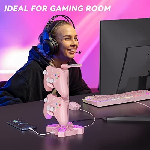 RGB Soporte Auriculares Gaming, Soporte para Cascos Gaming Giratorio con 9 Modos de Luz, Soporte Mando con 2 Puertos USB, Puerto Tipo-C y 3,5mm Conector de Audio, Headphone Stand para Gamers (Rosa)