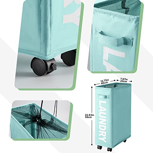 Rieeyrslza Cestos para la Colada 43L Cesta de Ropa Sucia con Ruedas Cesto para la Colada Delgada Cestos para la Colada Multifunción Bolsa de Lavado de Ropa (Bleu Clair)