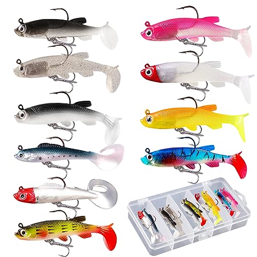 RobLuX 10 Piezas Kit de Señuelos para Pesca Suaves de PVC, Spinning Mar para Lubina, Lucio, Carpa lubo 8CM, Cebo para Agua Dulce y Salada con 1 Caja