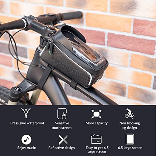 ROCKBROS Bolsa Móvil de Bicicleta Impermeable, Porta Móvil para Teléfono de hasta 6,5” para Bicicleta de Montaña y Carretera, Soporte con Pantalla Táctil, Accesorios de Ciclismo, Negro