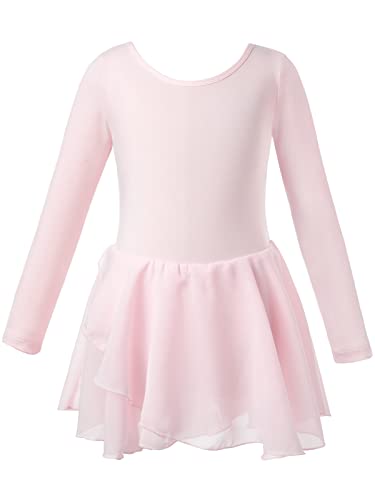Ropa de ballet para niña, algodón, vestido de ballet, camiseta de manga corta, vestido de baile, body con falda de gasa, Rosa Manga Larga, 120 cm